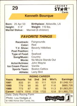 1992 Jockey Star #29 Kenneth Bourque Back